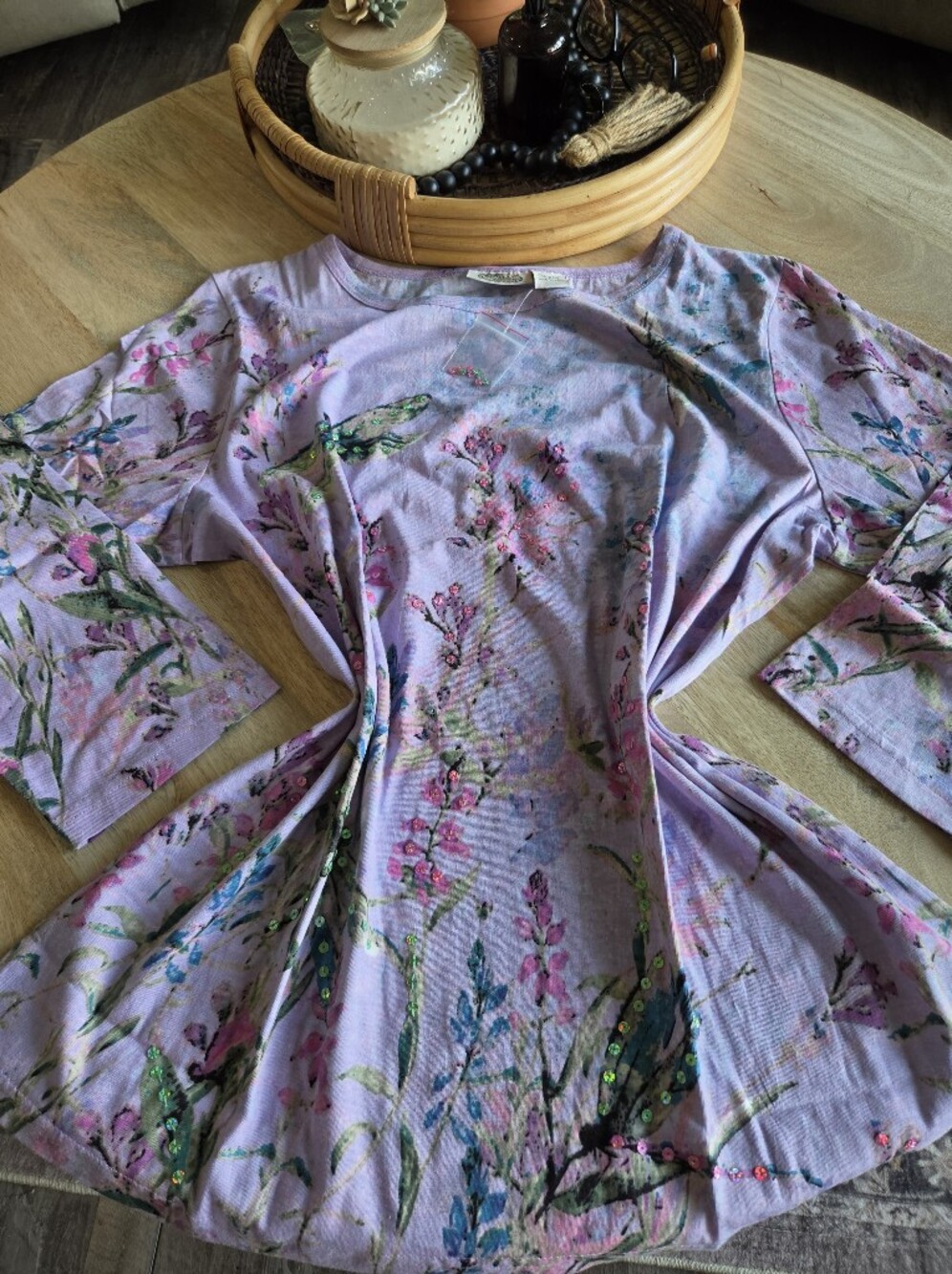 Dragonfly Floral Sequin-Accent Blouse